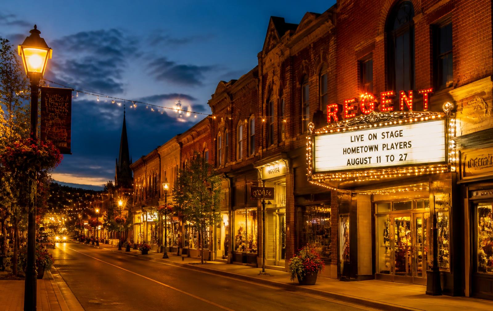 Historic downtown Stratford, Ontario in the evening near the Festival theatre